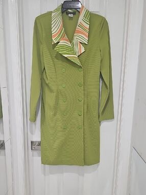 metrostyle Olive Green Double-Breasted Long Sleeve Dress with Striped Collar